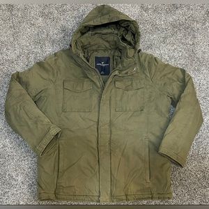 American Eagle Mens Thick Green Hooded Jacket Coat - Full Zip Up - Size LARGE